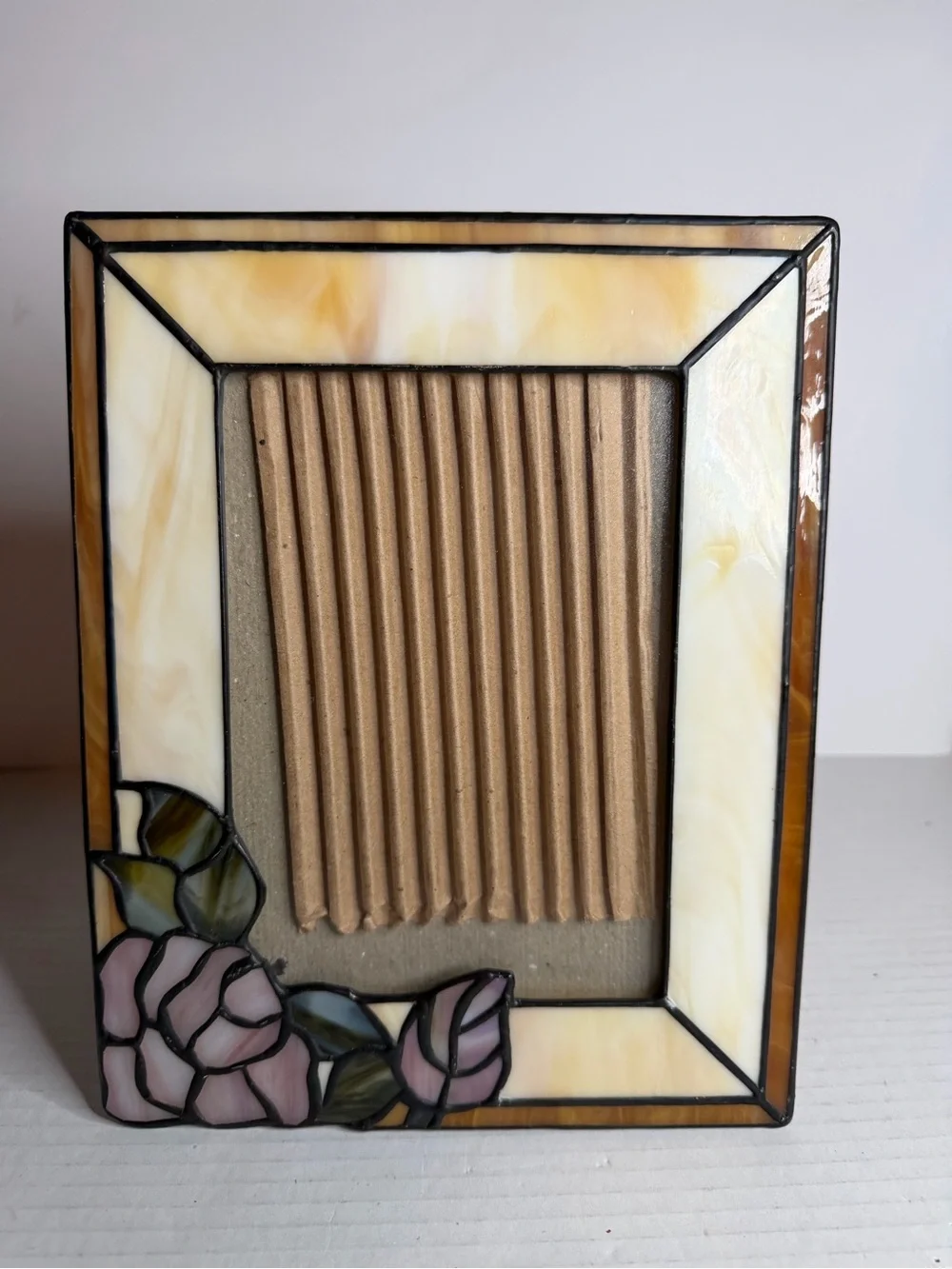 Stained Glass Metal Frame Picture Photo 5x7” Frame Pink Rose Leaves